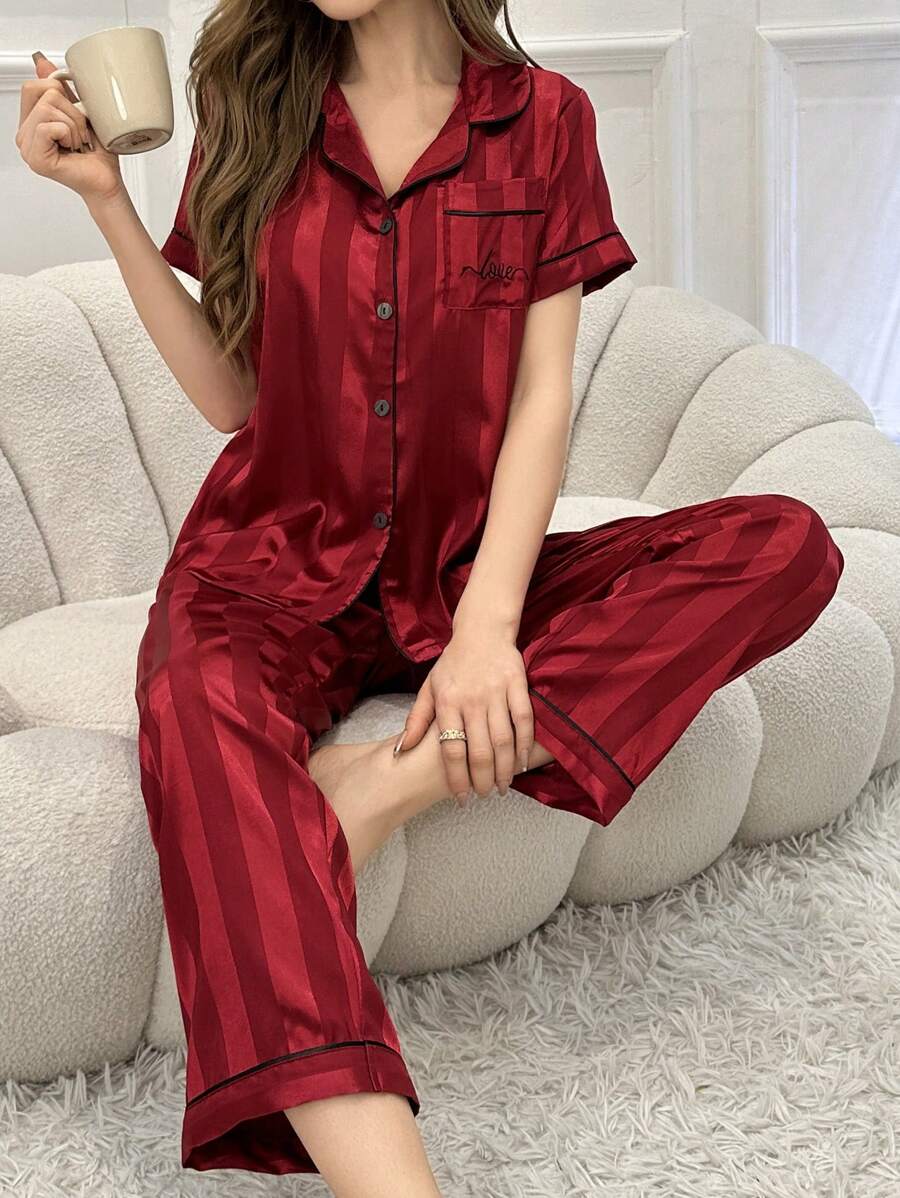 Striped Simulated Silk Jacquard Pajama Set