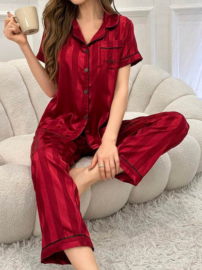 Striped Simulated Silk Jacquard Pajama Set