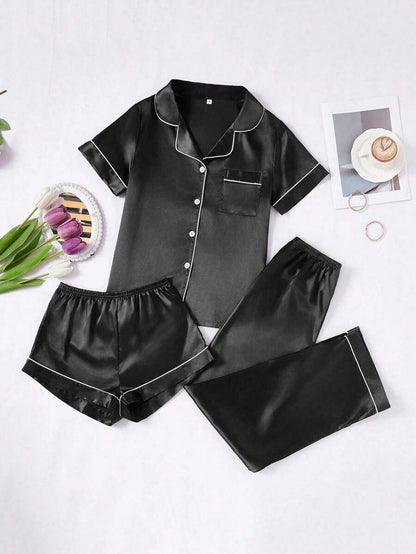 3 Piece Silky Satin Button Front Pajama Set