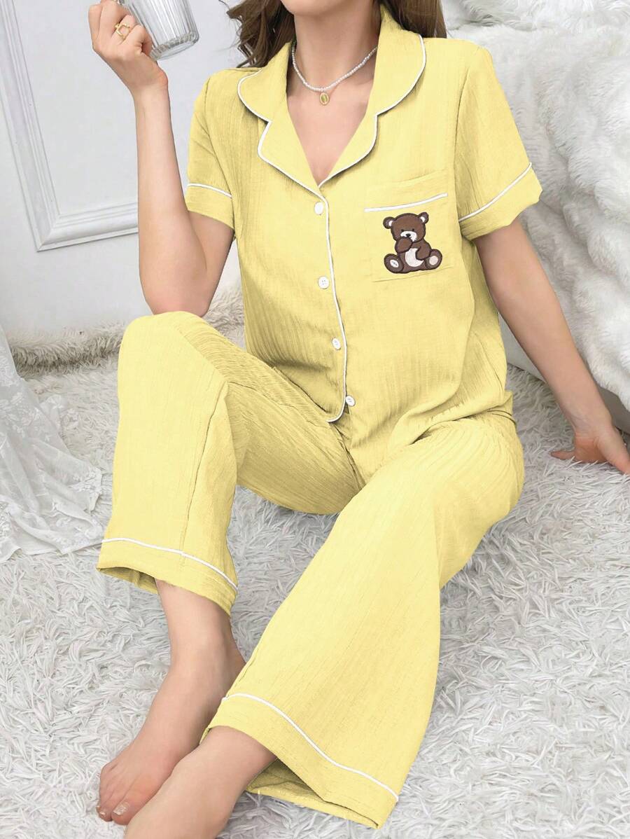 Teddy Bear Embroidery Pajama Set With Pocket