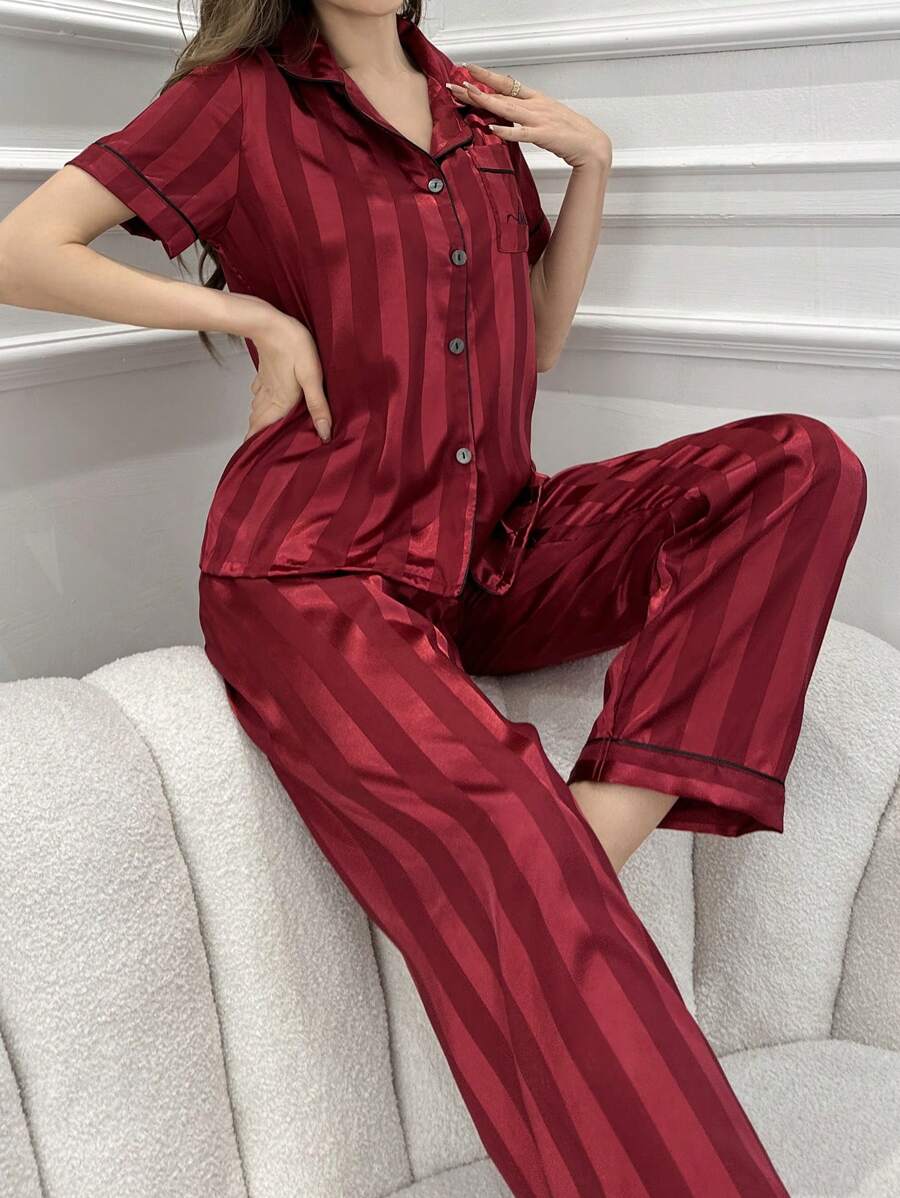 Striped Simulated Silk Jacquard Pajama Set