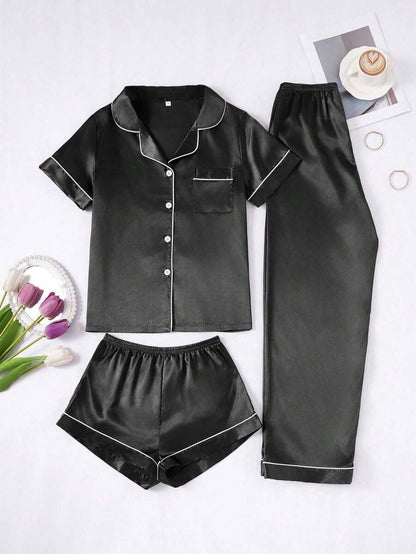 3 Piece Silky Satin Button Front Pajama Set