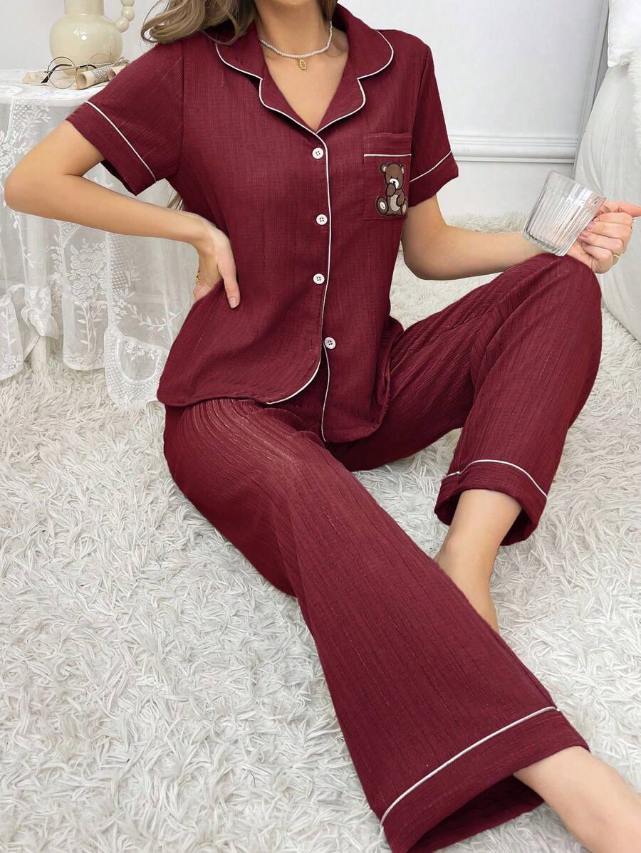 Teddy Bear Embroidery Pajama Set With Pocket