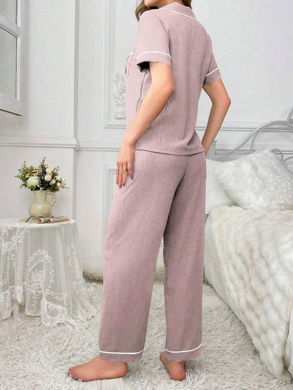 Teddy Bear Embroidery Pajama Set With Pocket