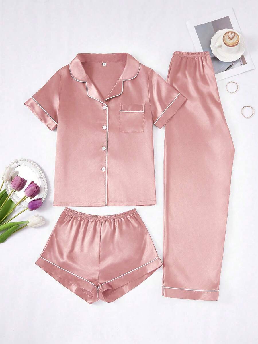 3 Piece Silky Satin Button Front Pajama Set