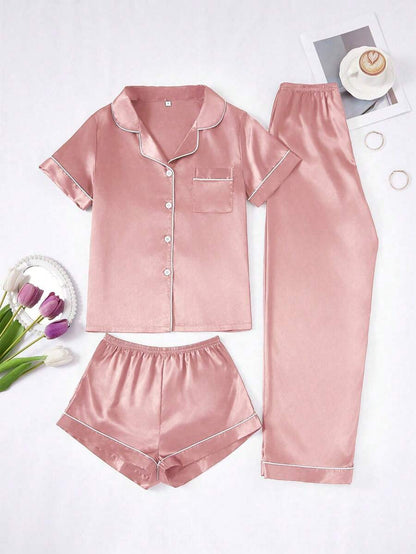 3 Piece Silky Satin Button Front Pajama Set