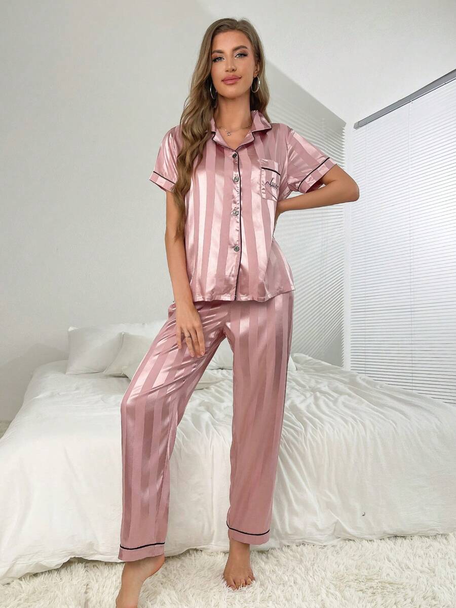 Striped Simulated Silk Jacquard Pajama Set