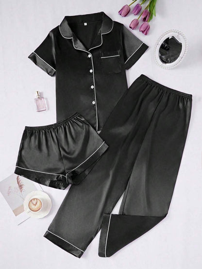 3 Piece Silky Satin Button Front Pajama Set