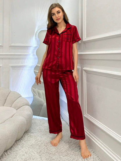 Striped Simulated Silk Jacquard Pajama Set