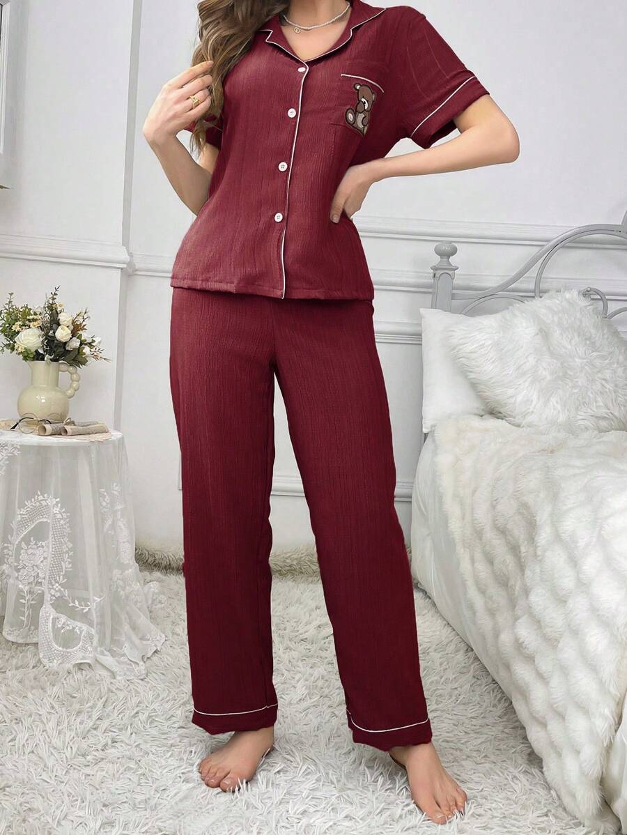 Teddy Bear Embroidery Pajama Set With Pocket