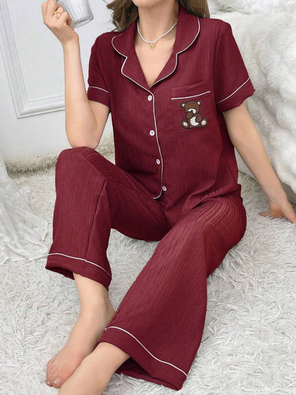 Teddy Bear Embroidery Pajama Set With Pocket