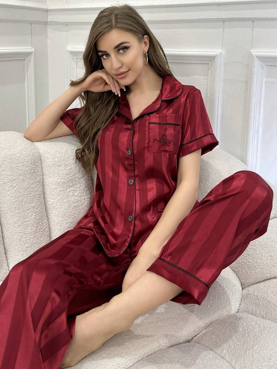 Striped Simulated Silk Jacquard Pajama Set