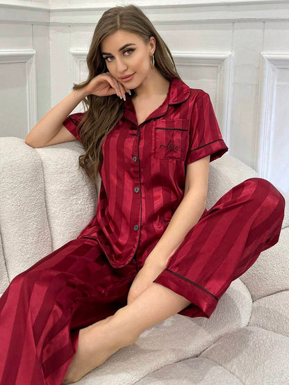 Striped Simulated Silk Jacquard Pajama Set