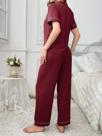 Teddy Bear Embroidery Pajama Set With Pocket