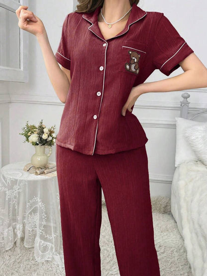 Teddy Bear Embroidery Pajama Set With Pocket