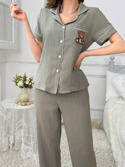 Teddy Bear Embroidery Pajama Set With Pocket