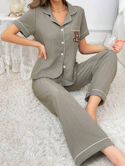 Teddy Bear Embroidery Pajama Set With Pocket