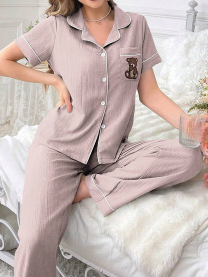 Teddy Bear Embroidery Pajama Set With Pocket