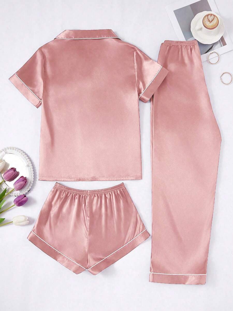 3 Piece Silky Satin Button Front Pajama Set