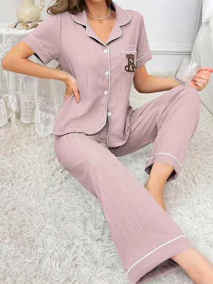 Teddy Bear Embroidery Pajama Set With Pocket