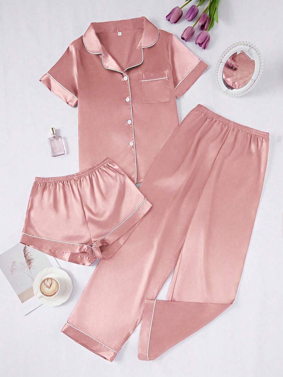 3 Piece Silky Satin Button Front Pajama Set