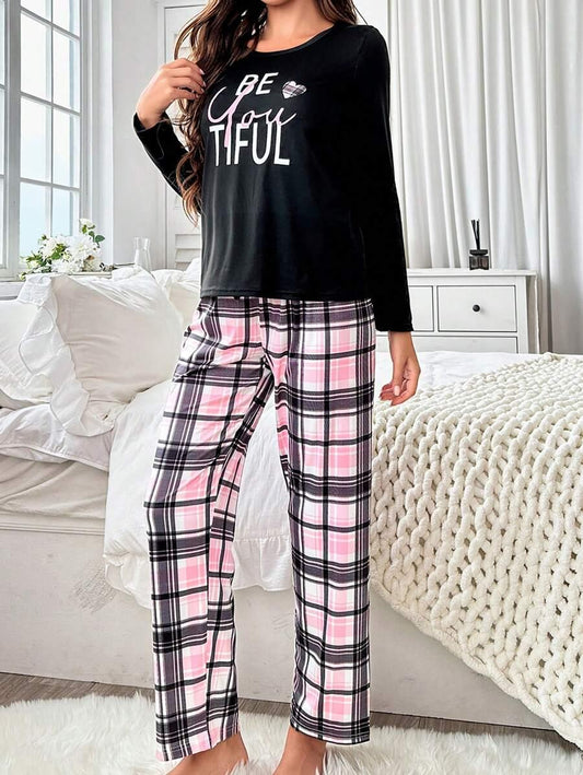 Classic Style Plaid Print Long Sleeve Pajama Set - Pretty Little Bikini Shop