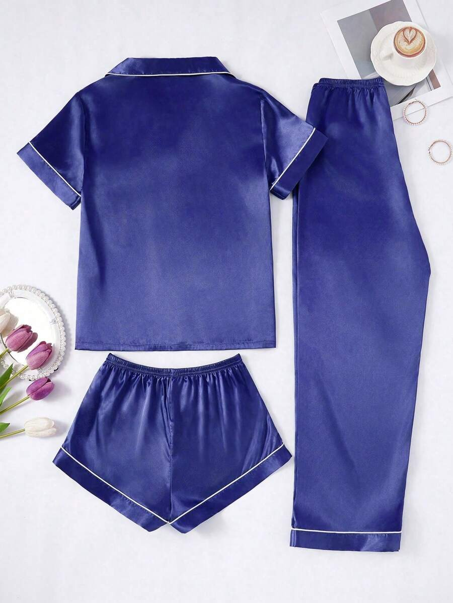 3 Piece Silky Satin Button Front Pajama Set