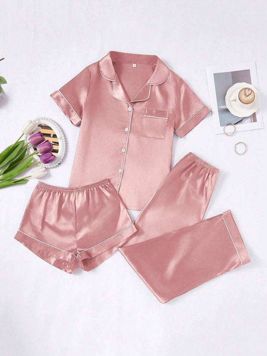 3 Piece Silky Satin Button Front Pajama Set