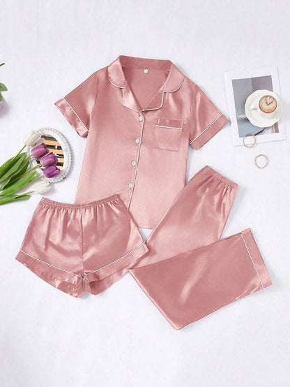 3 Piece Silky Satin Button Front Pajama Set