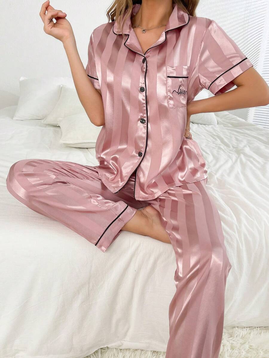 Striped Simulated Silk Jacquard Pajama Set