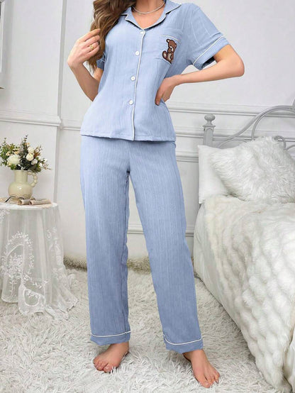 Teddy Bear Embroidery Pajama Set With Pocket