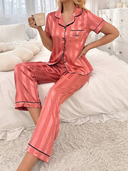 Striped Simulated Silk Jacquard Pajama Set