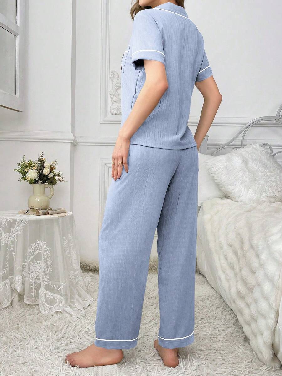 Teddy Bear Embroidery Pajama Set With Pocket