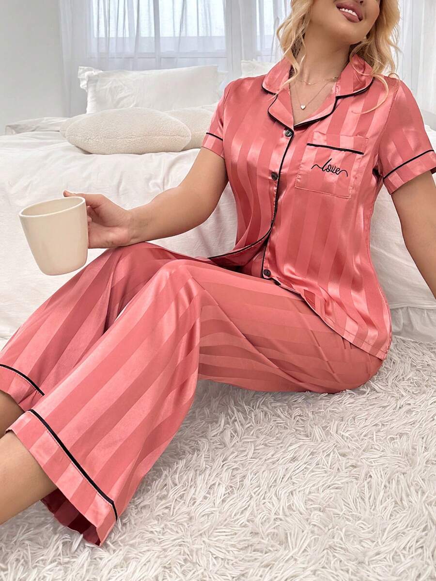 Striped Simulated Silk Jacquard Pajama Set