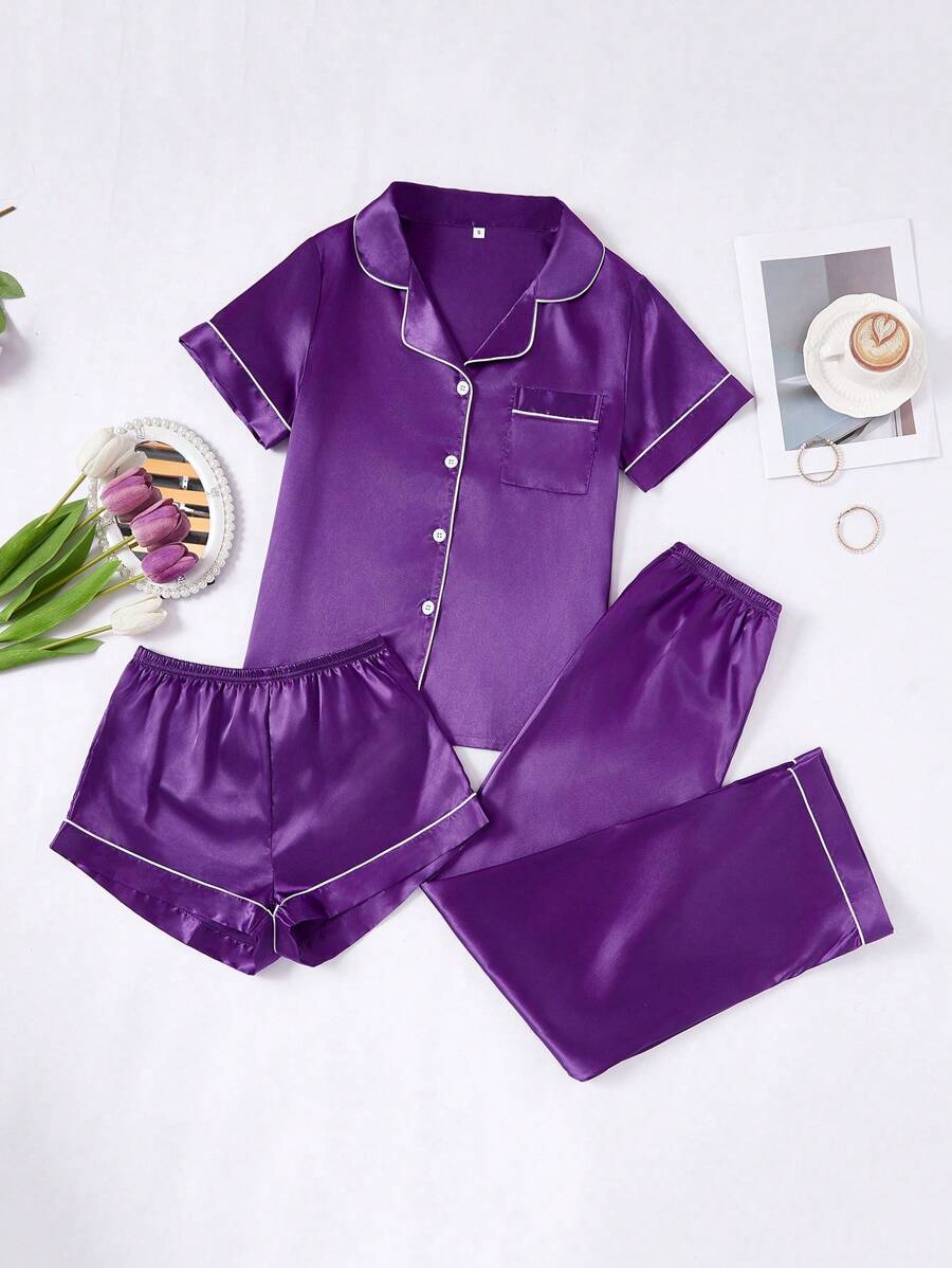 3 Piece Silky Satin Button Front Pajama Set