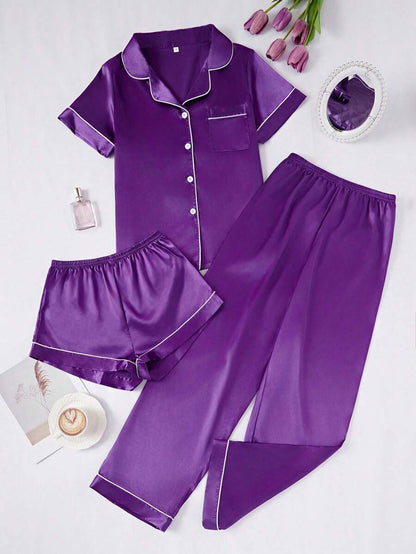 3 Piece Silky Satin Button Front Pajama Set