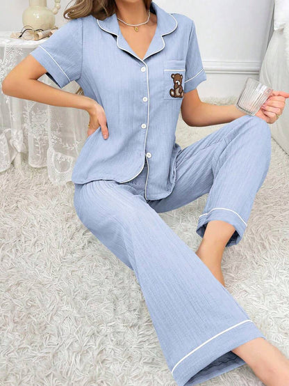 Teddy Bear Embroidery Pajama Set With Pocket