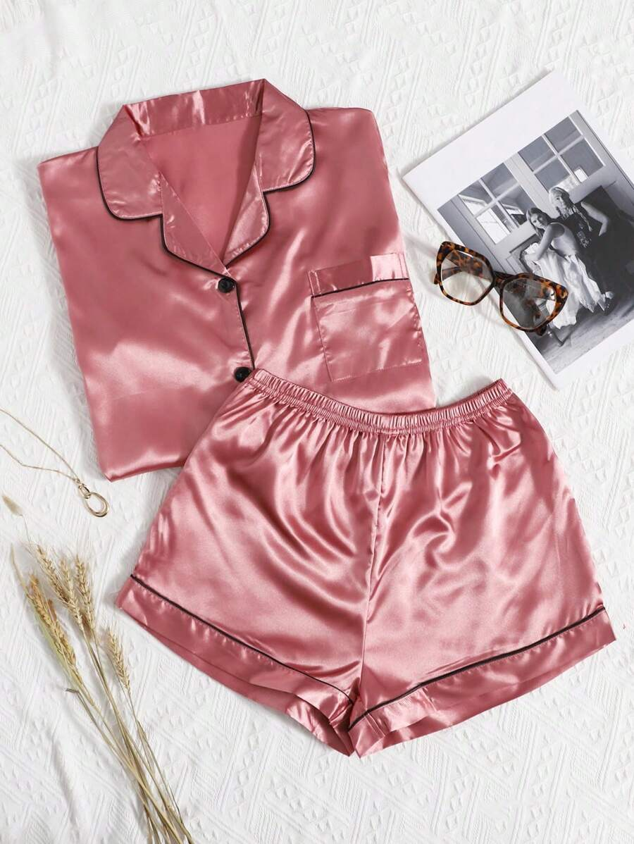 Satin Pajama Set With Contrast Binding