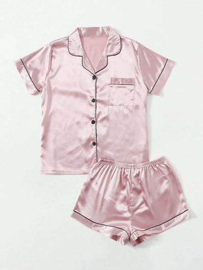 Satin Pajama Set With Contrast Binding