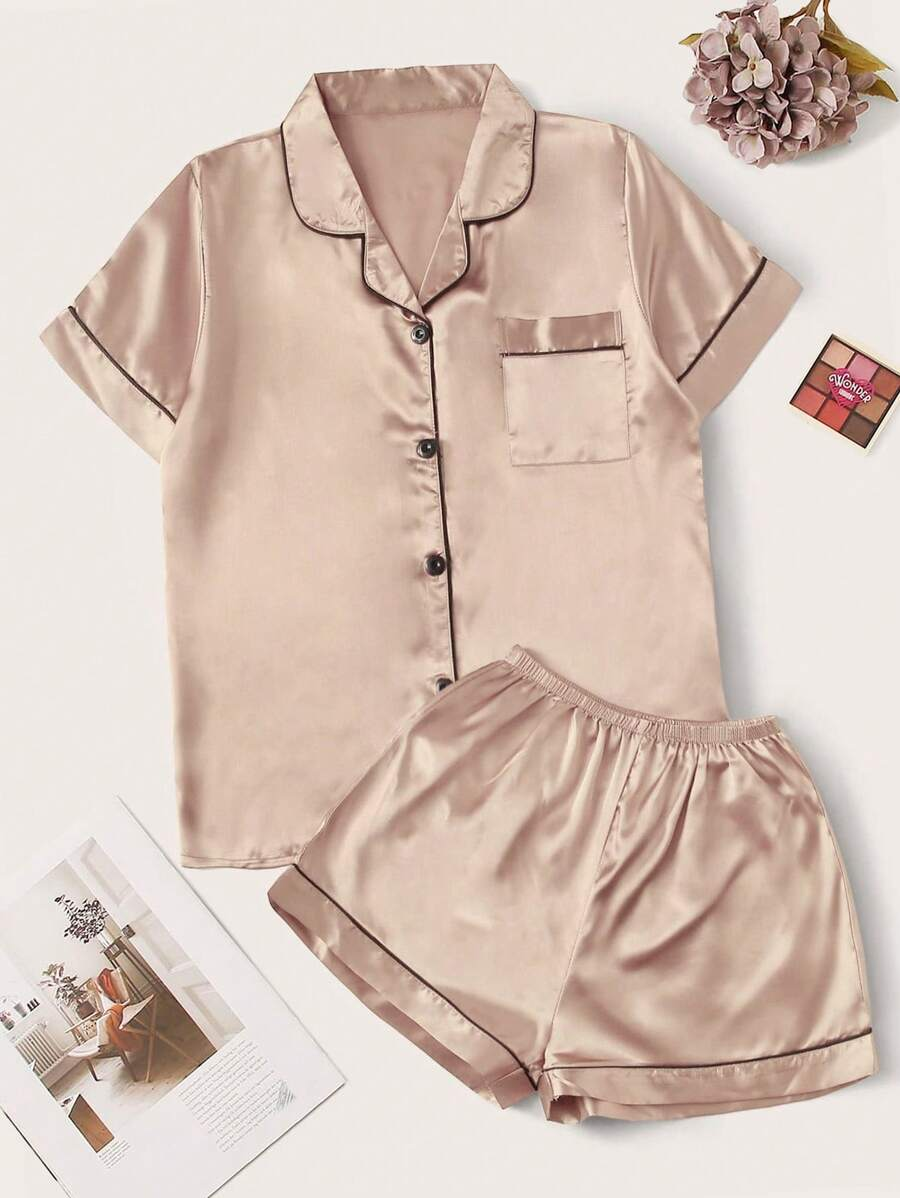 Satin Pajama Set With Contrast Binding