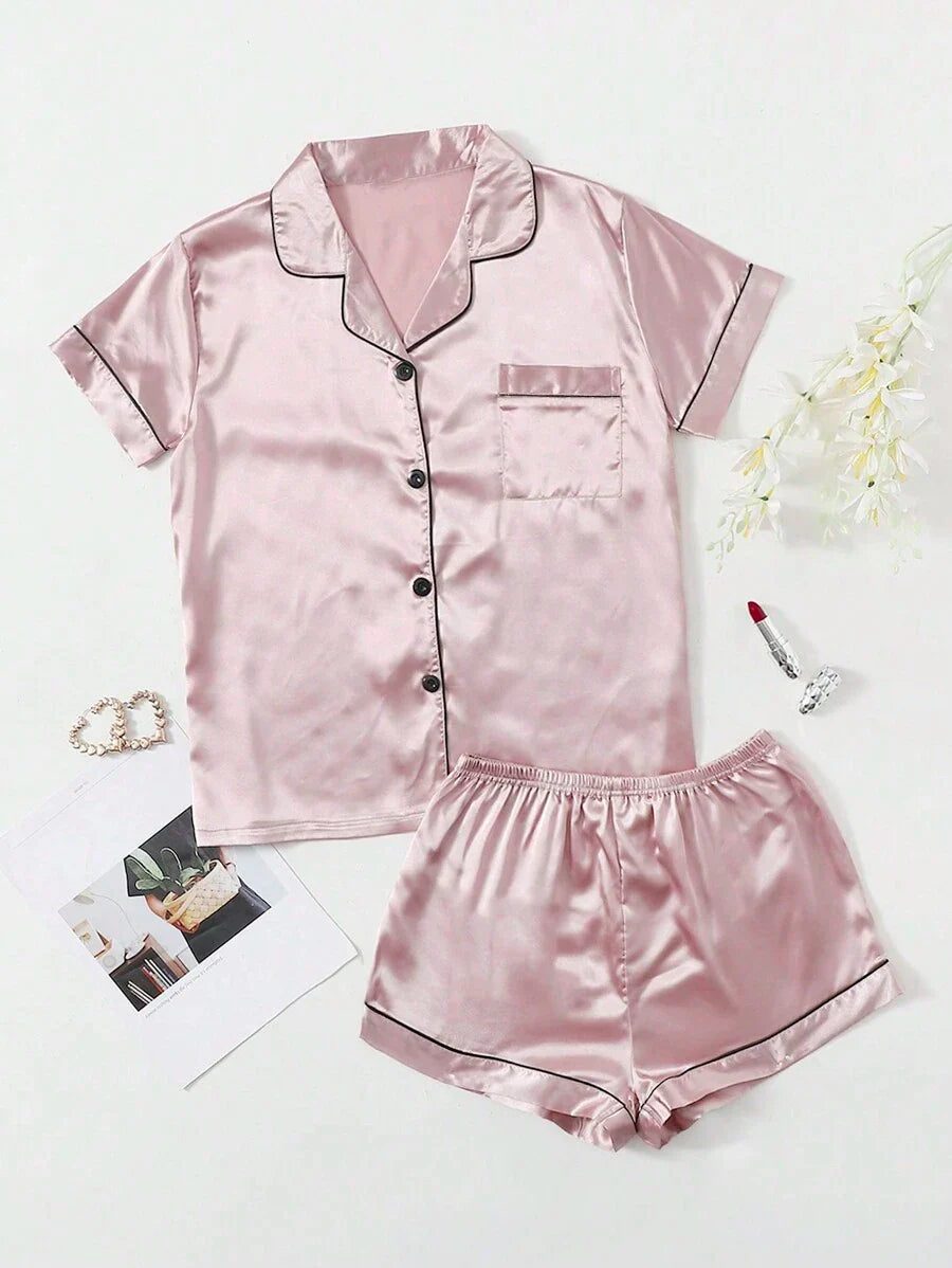 Satin Pajama Set With Contrast Binding