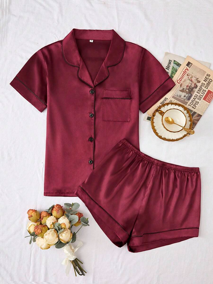 Satin Pajama Set With Contrast Binding