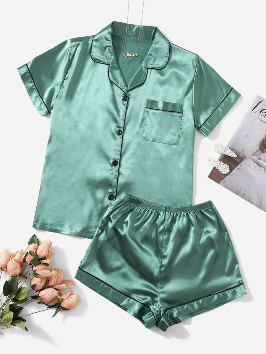 Satin Pajama Set With Contrast Binding