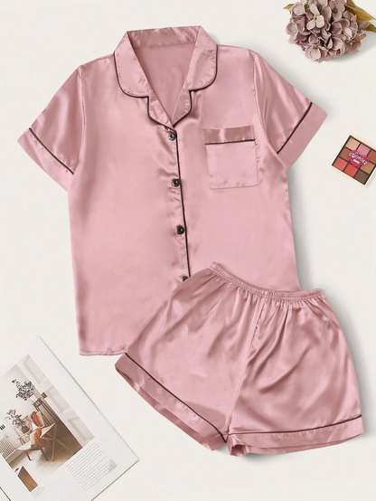 Satin Pajama Set With Contrast Binding