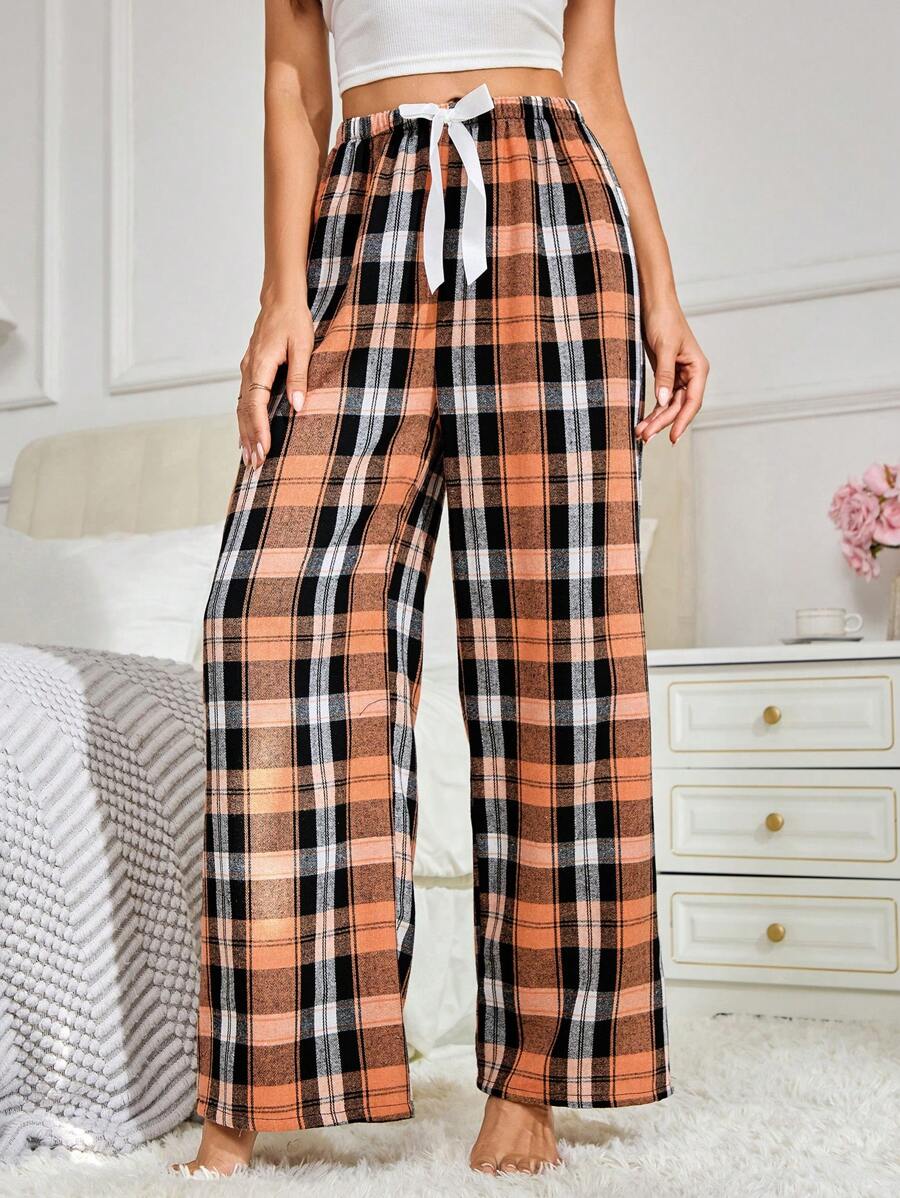 Plaid Print Pajama Pants With Bow Detail