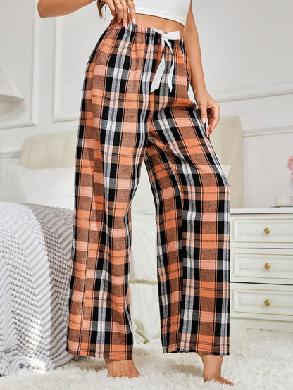 Plaid Print Pajama Pants With Bow Detail