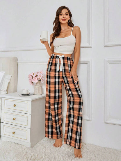 Plaid Print Pajama Pants With Bow Detail