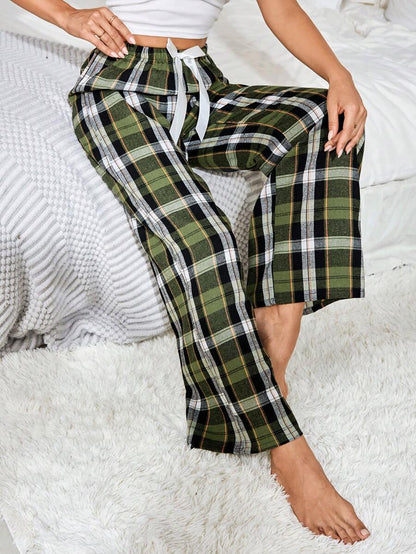 Plaid Print Pajama Pants With Bow Detail