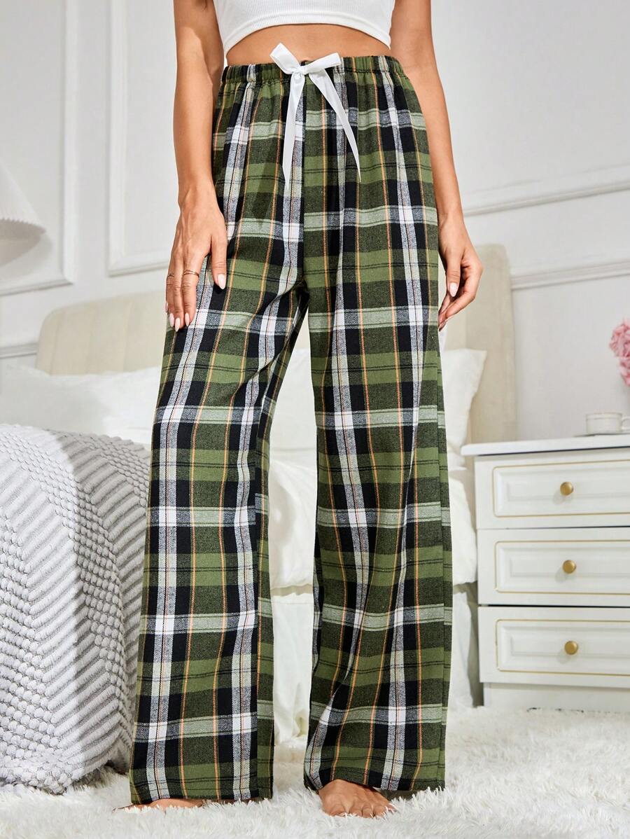 Plaid Print Pajama Pants With Bow Detail