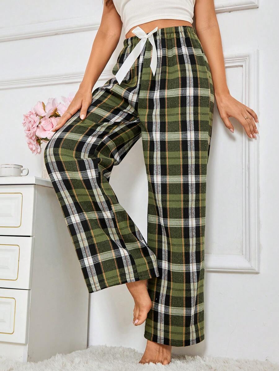 Plaid Print Pajama Pants With Bow Detail